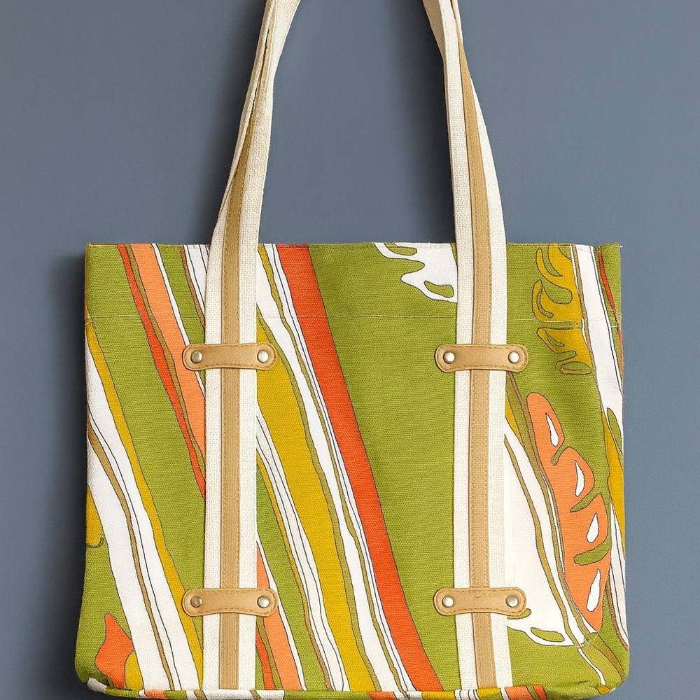 Canvas Green and Orange Striped Tote